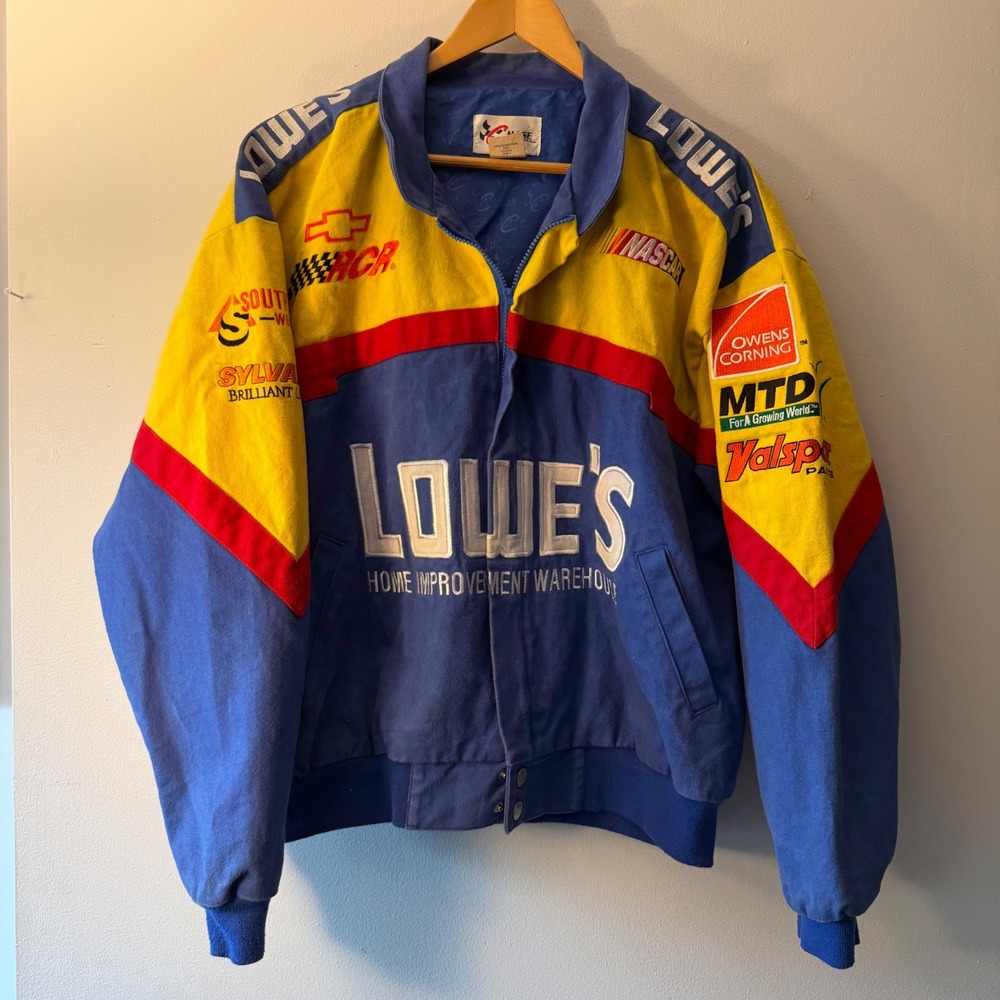 Chase Authentics NASCAR Lowes Racing Jacket Mens Medium Blue Yellow Cotton Zip